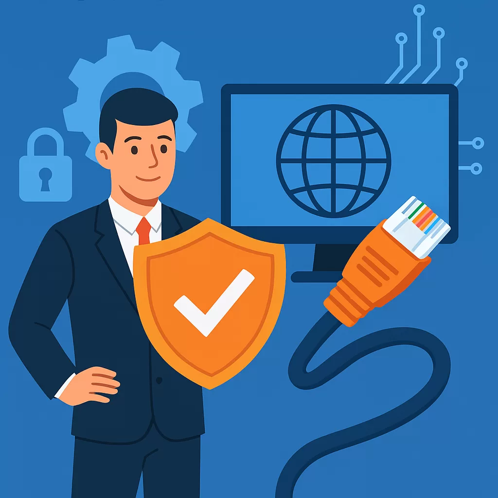 Certificação de rede representada por escudo de segurança, cabo de rede e conectividade digital.