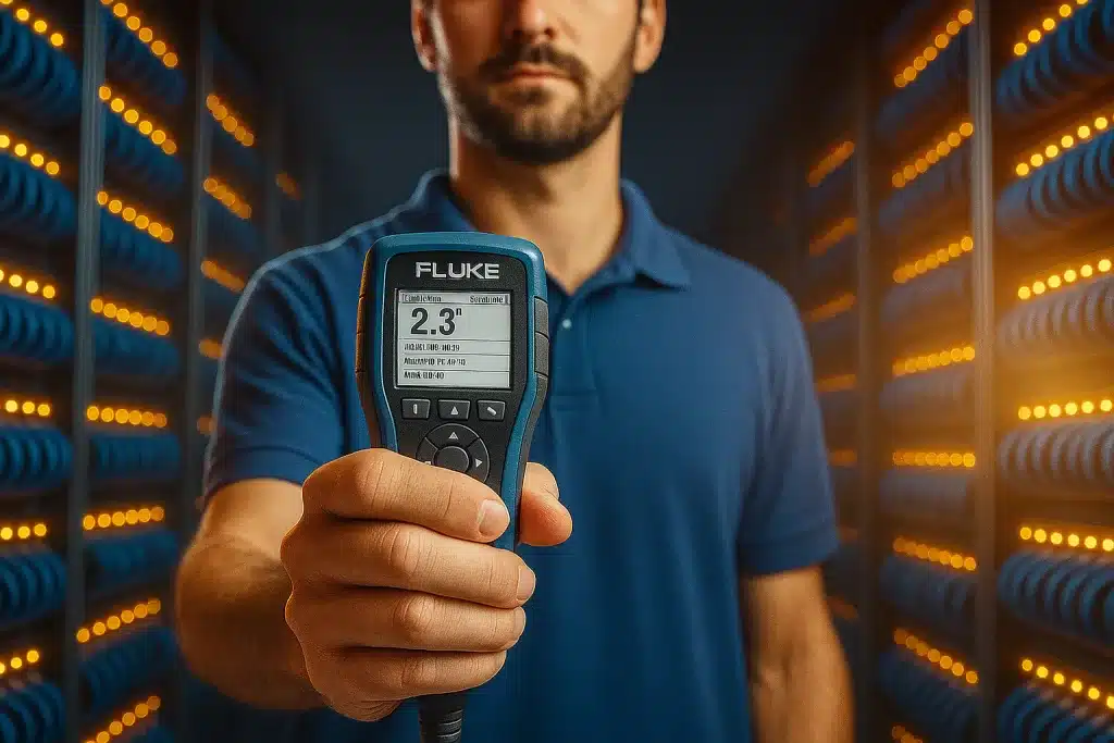 Técnico de camiseta polo azul real segura um dispositivo Fluke de certificação de rede em frente a racks de cabeamento estruturado iluminados, com foco no equipamento.