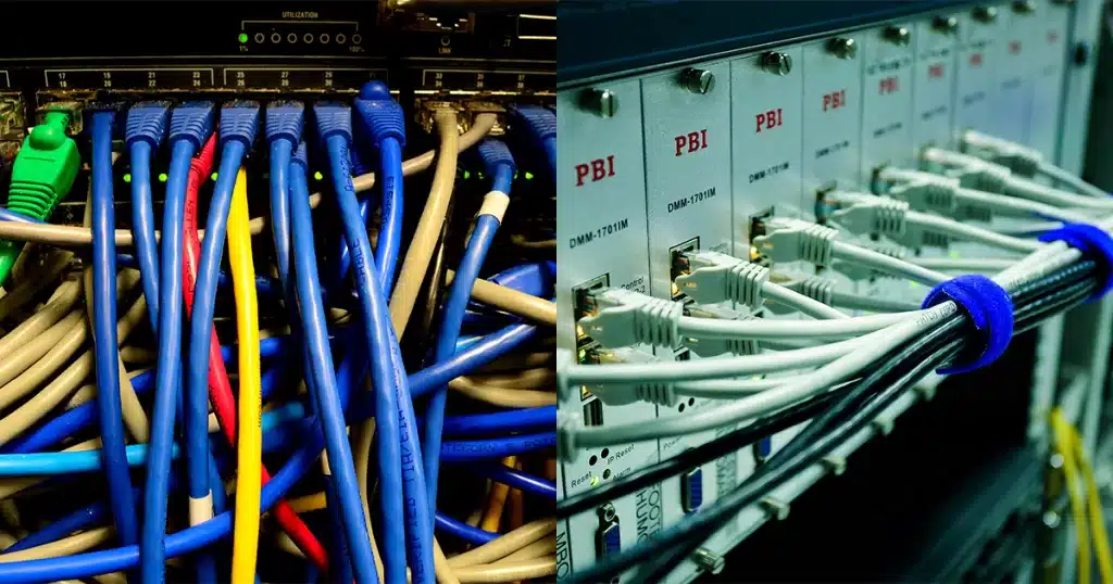 Comparação: à esquerda, o método ponto a ponto, propenso a erros e de manutenção onerosa. À direita, a organização impecável de um sistema estruturado, que simplifica a gestão e permite escalabilidade.
