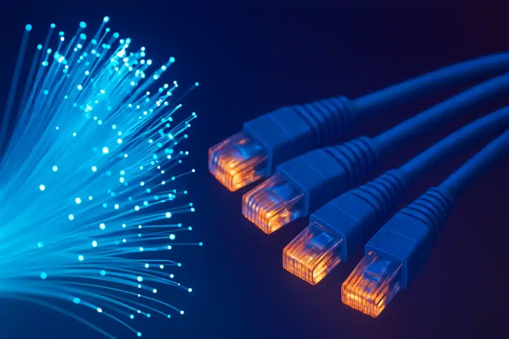 Uma fotografia digital em close-up mostra cabos de fibra óptica iluminados em tons de azul brilhante à esquerda e conectores Ethernet destacados em laranja à direita, representando tecnologia e modernidade em redes de comunicação, com foco na manutenção preventiva de cabeamento estruturado.
