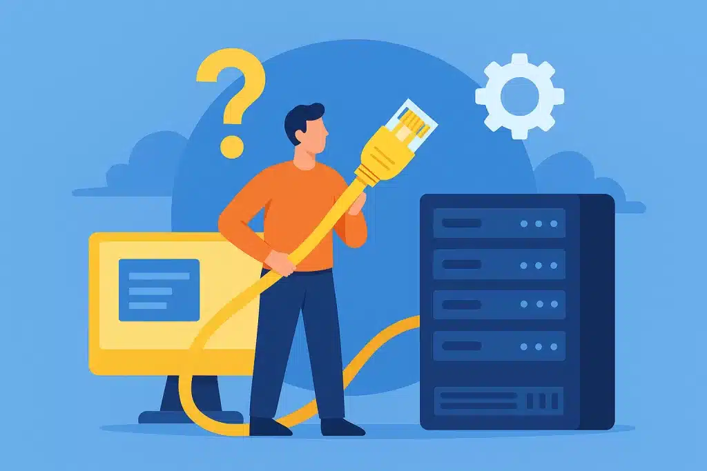 Ilustração em estilo flat mostrando um homem segurando um grande cabo Ethernet amarelo, conectado entre um computador e um servidor. Ao fundo, aparecem elementos tecnológicos como uma engrenagem e um ponto de interrogação, simbolizando dúvidas e soluções relacionadas a cabeamento estruturado.