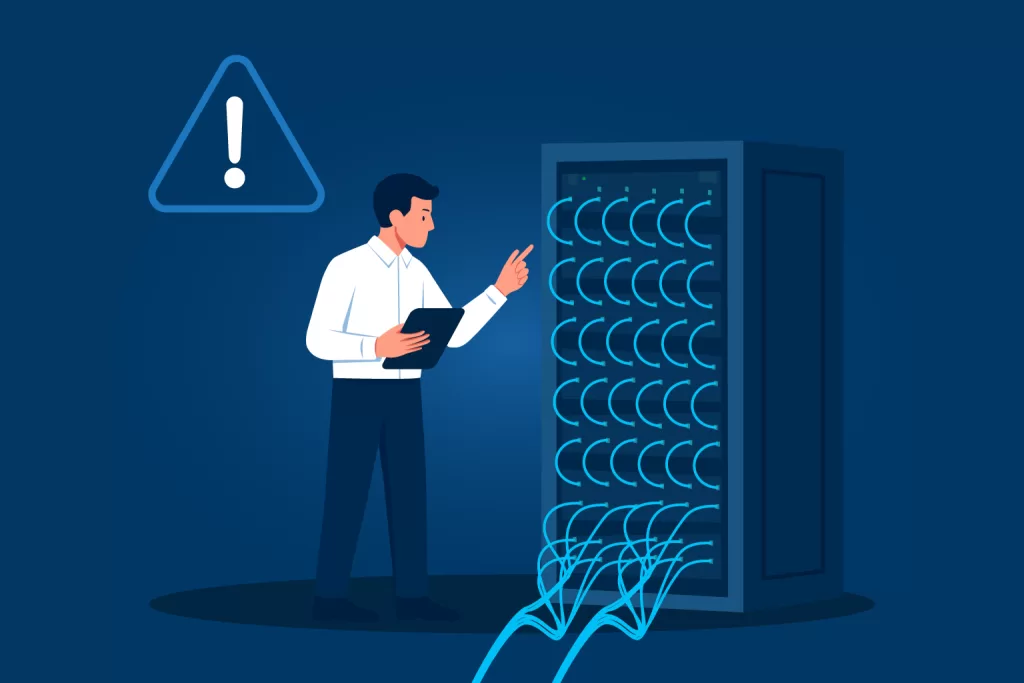 Ilustração de um profissional verificando um rack de cabeamento estruturado com cabos desorganizados e alerta de falha, simbolizando sinais de que a infraestrutura de rede está defasada e precisa de atualização.