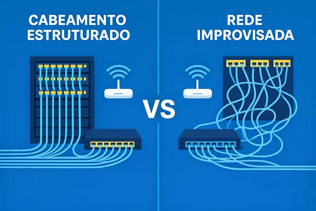 Ilustração flat comparando cabeamento estruturado moderno com instalações antigas, mostrando racks organizados, patch panels e cabos padronizados ao lado de uma rede desorganizada com fios expostos, representando a diferença entre boas práticas e erros comuns em infraestrutura de rede.