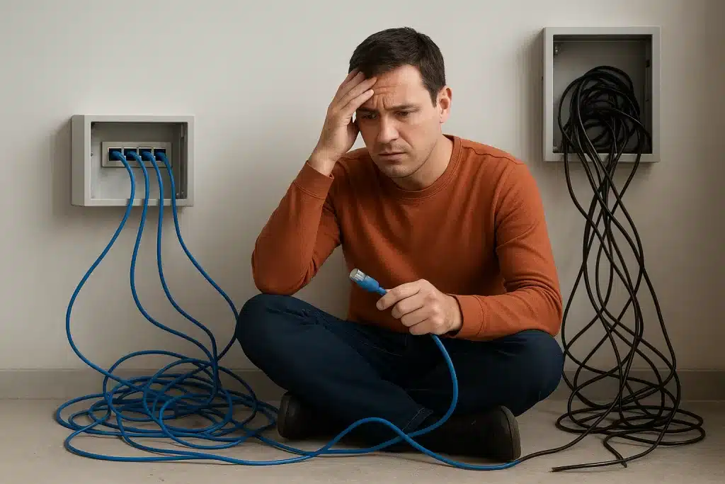 Técnico sentado no chão, com expressão de preocupação, segurando um cabo de rede azul enquanto observa uma instalação desorganizada com vários cabos embolados saindo de duas caixas na parede.
