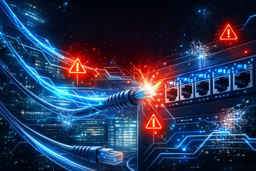 Ilustração tecnológica mostrando cabos de rede azuis iluminados, com um cabo danificado soltando faíscas próximo a um painel de portas Ethernet, em um cenário futurista com alertas vermelhos e circuitos digitais brilhantes.