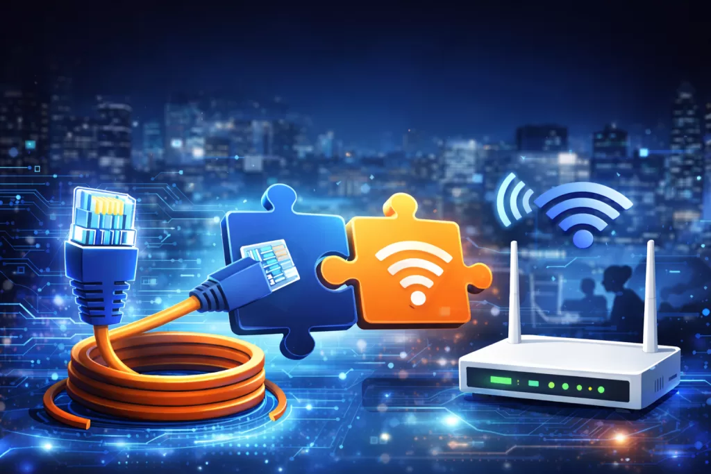 Ilustração tecnológica mostrando cabo de rede RJ45 conectado a um roteador Wi-Fi corporativo, simbolizando a integração entre cabeamento estruturado e rede sem fio empresarial.