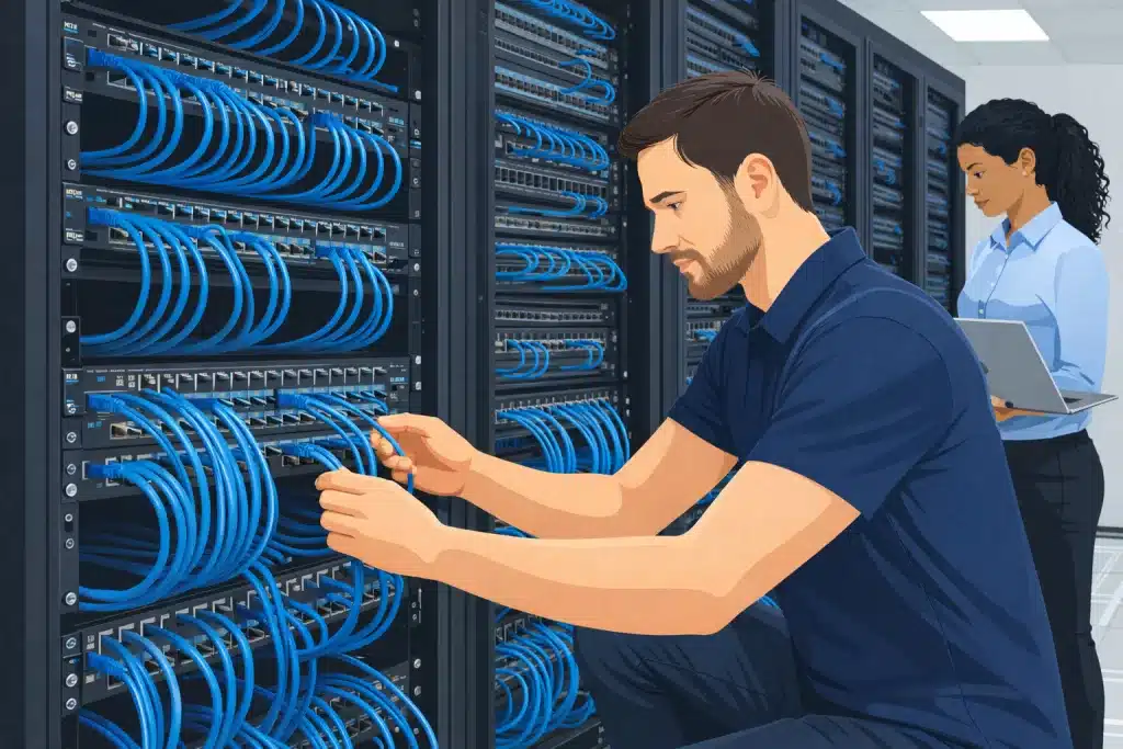 Ilustração em estilo flat mostrando técnicos de TI organizando cabos de rede em racks de cabeamento estruturado em ambiente com alta densidade de dispositivos.