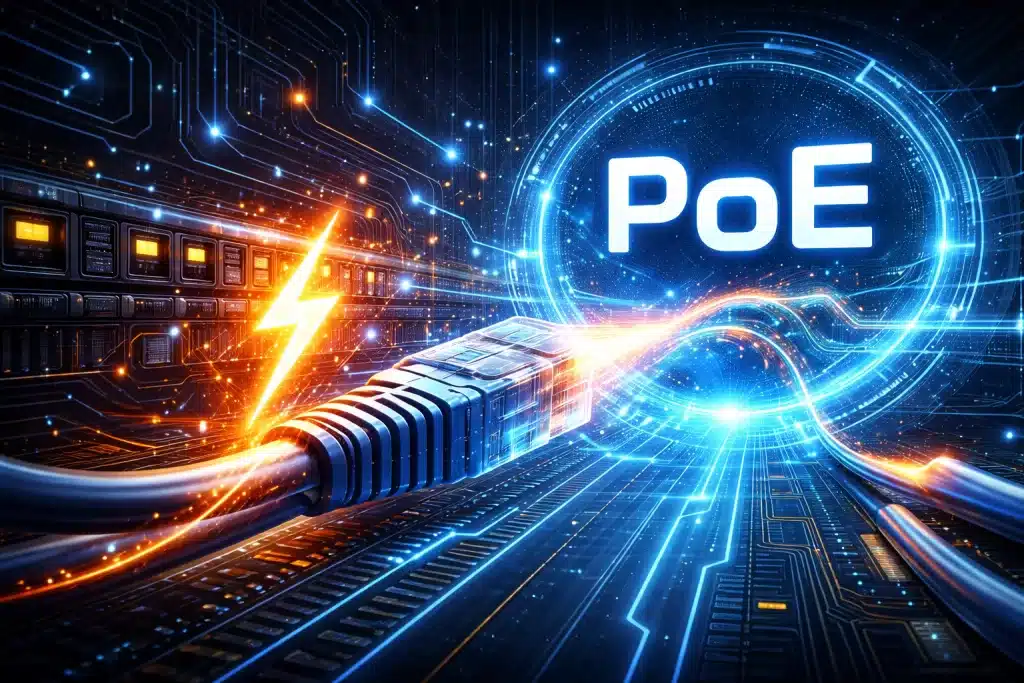 Ilustração tecnológica com cabo RJ45 transmitindo dados e energia elétrica, representando o uso de PoE no cabeamento estruturado
