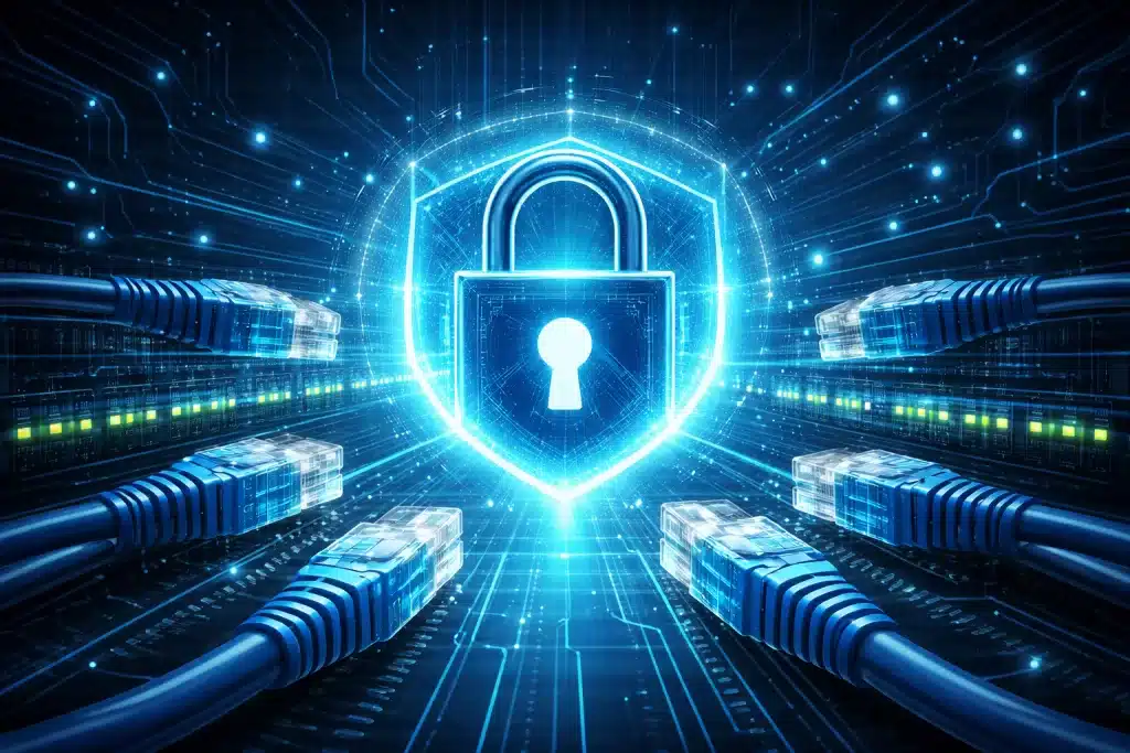 Ilustração tecnológica com cadeado digital e cabos RJ45 iluminados, representando a segurança da rede física e a proteção do cabeamento estruturado