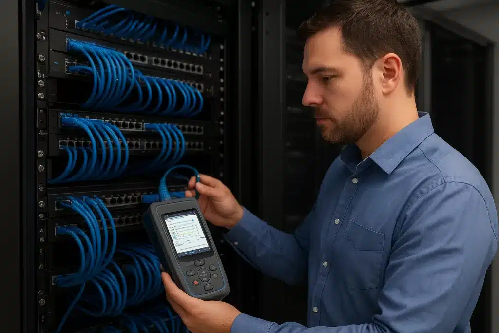 Técnico de redes utilizando equipamento de certificação para testar cabeamento estruturado em rack organizado de infraestrutura de TI.