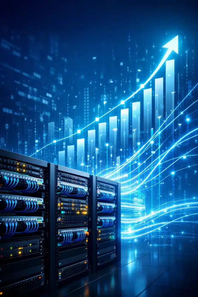 Infraestrutura de cabeamento estruturado em data center corporativo, com racks organizados e fluxos de dados representando crescimento e escalabilidade da rede.
