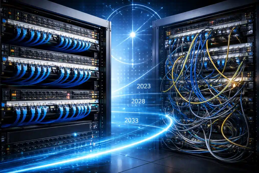 Racks de cabeamento estruturado organizados em data center corporativo, com cabos identificados e infraestrutura projetada para durabilidade e desempenho contínuo.