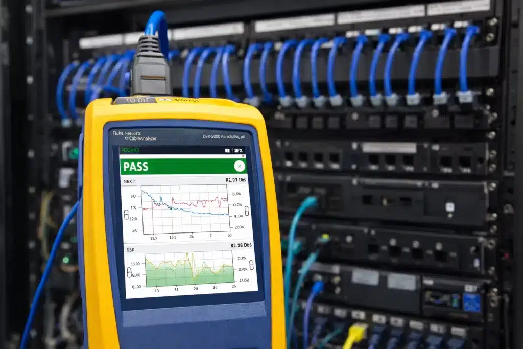 Certificador de cabeamento estruturado exibindo relatório de testes Wiremap, NEXT e Return Loss em rack de rede corporativa.