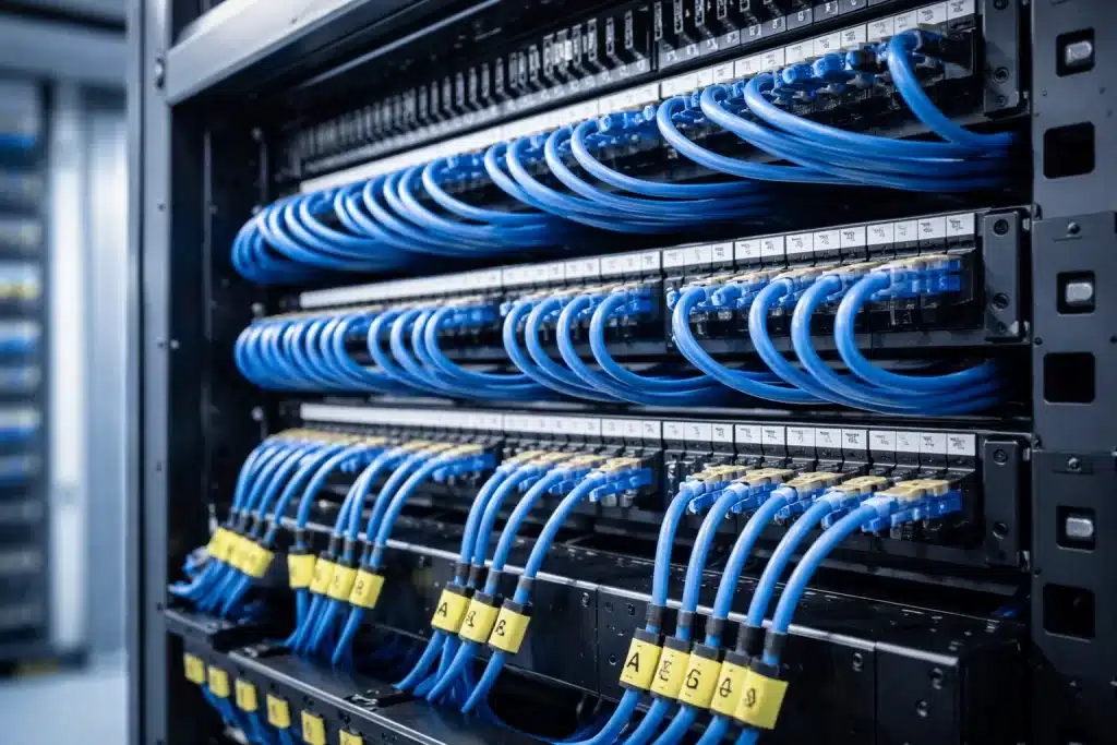 Rack de cabeamento estruturado com patch panel e cabos Ethernet organizados conforme normas técnicas.