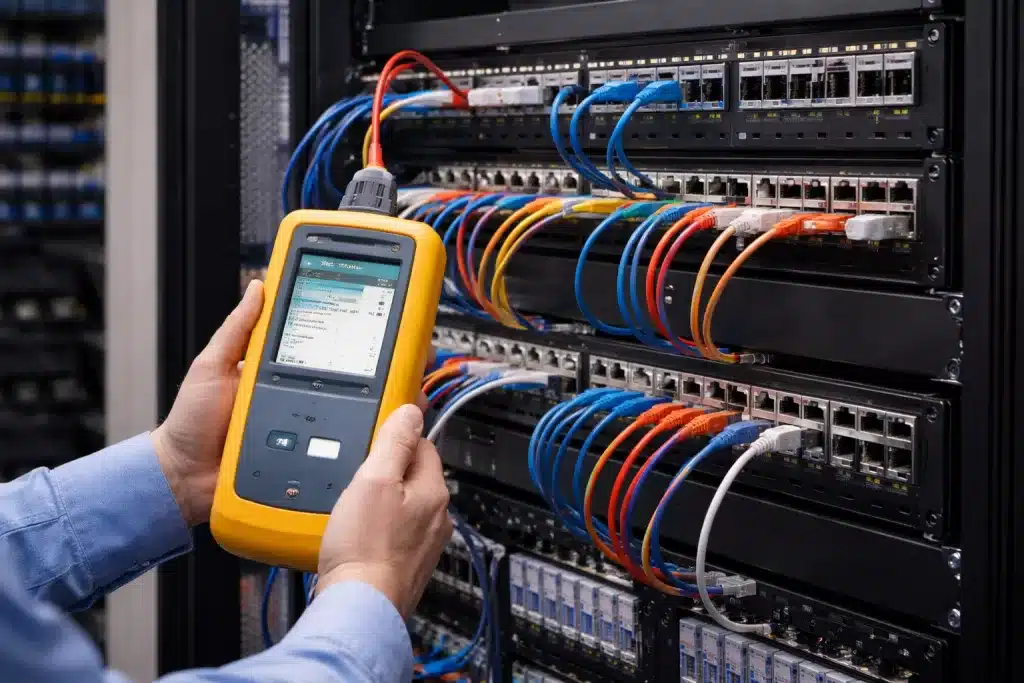 Técnico realizando certificação de cabeamento estruturado com certificador profissional em rack de rede corporativa conforme a norma TIA/EIA 568.