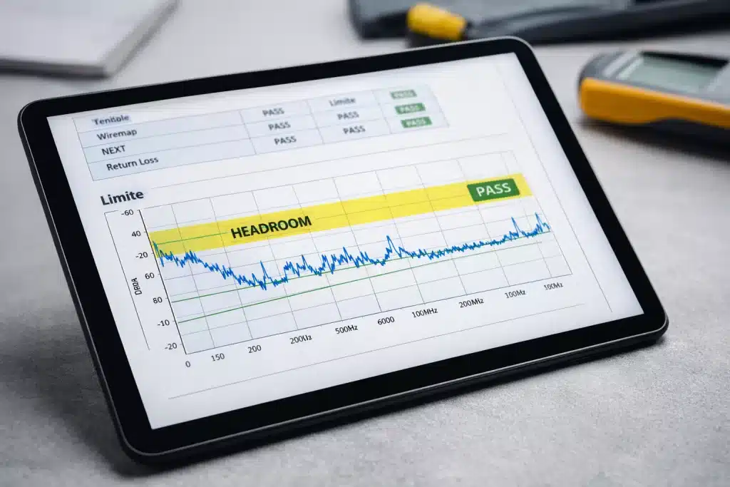Relatório de certificação de cabeamento estruturado exibindo gráfico de headroom acima do limite normativo em testes de NEXT e Return Loss.