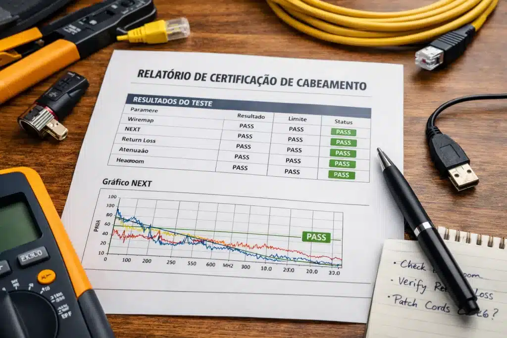Relatório de certificação de cabeamento estruturado com resultados de Wiremap, NEXT e Return Loss sendo analisado sobre mesa técnica.