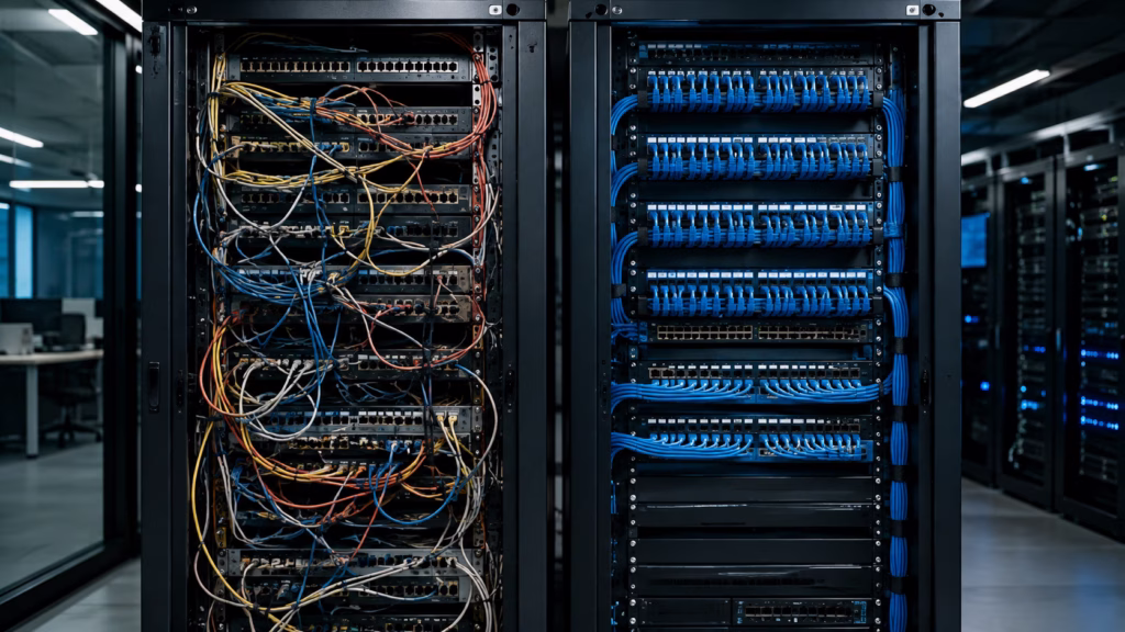 Cabeamento estruturado antigo e moderno em racks corporativos