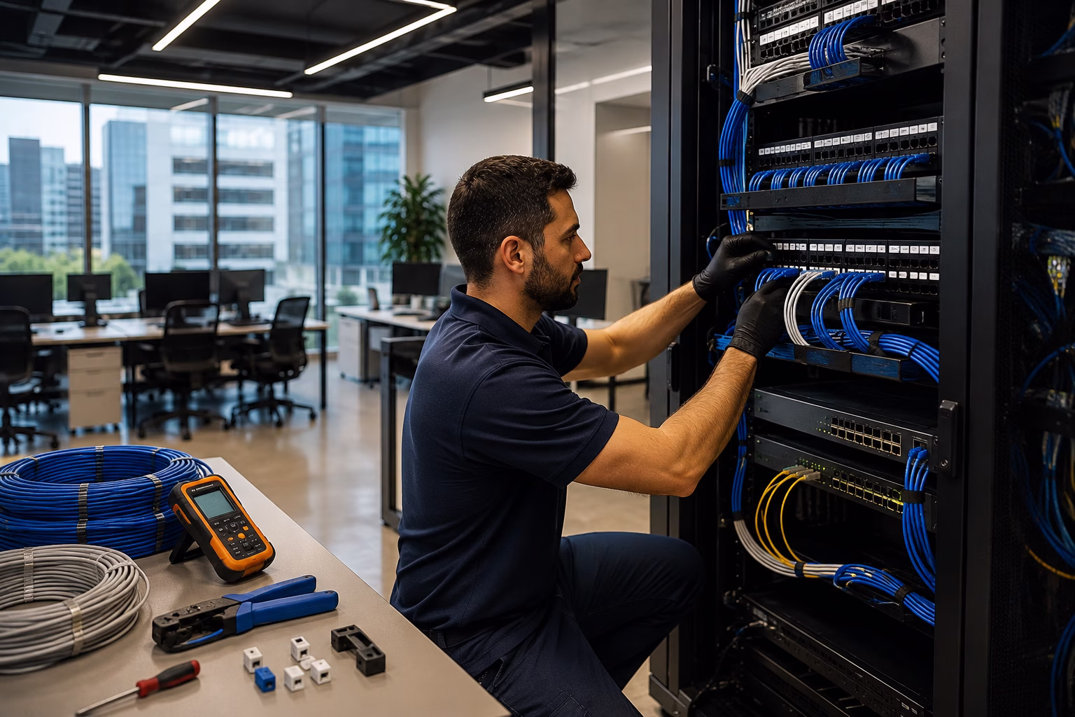 Técnico realizando instalação de cabeamento estruturado em Barueri