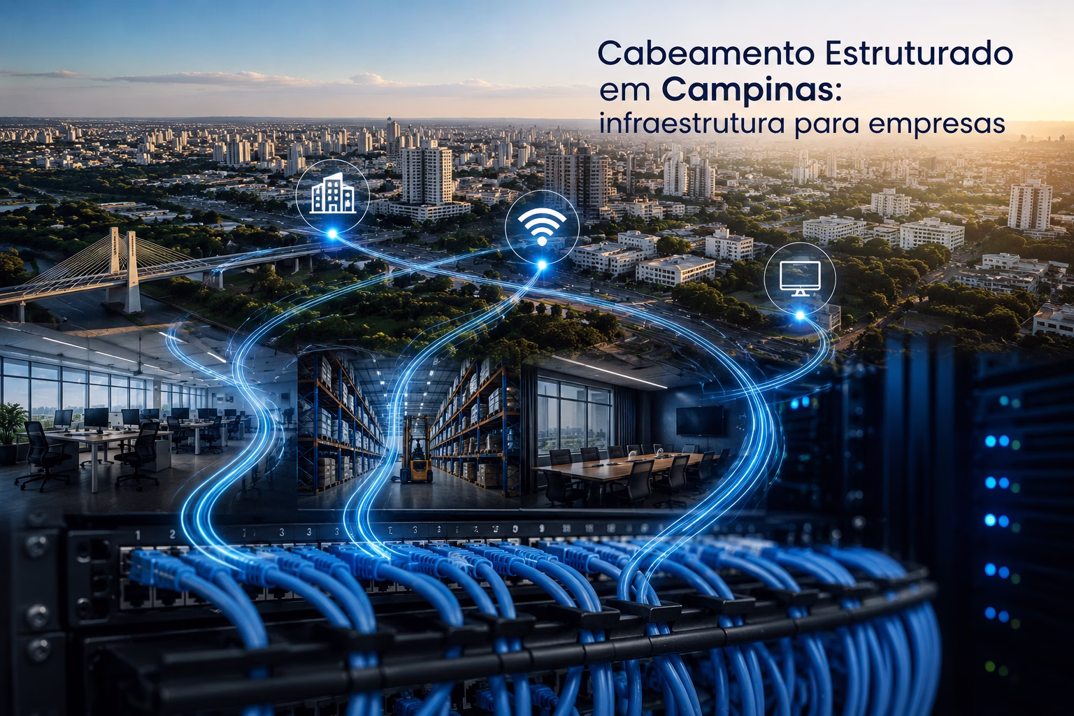 Cabeamento estruturado em Campinas com rack de rede e conexões de infraestrutura empresarial