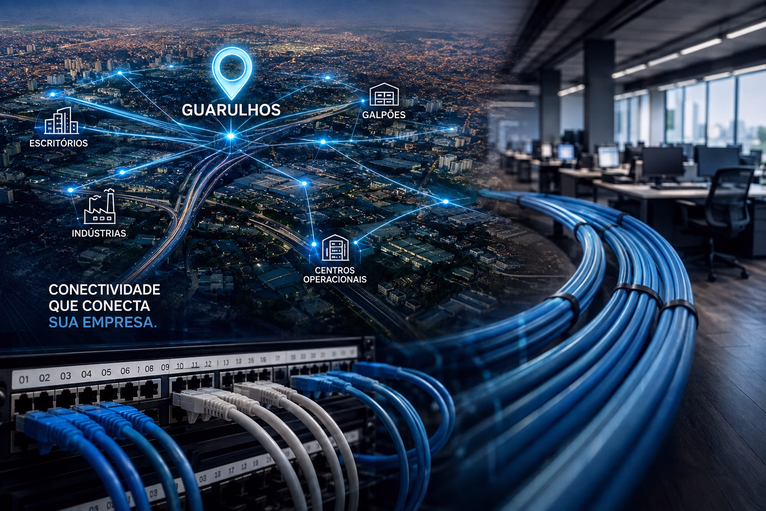 Cabeamento estruturado em Guarulhos conectando empresas, escritórios, indústrias e galpões.