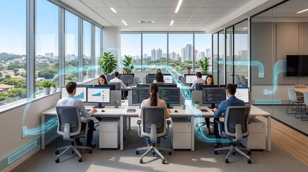 Ambiente de escritório corporativo moderno em Osasco com linhas luminosas ciano ilustrando o fluxo de dados do cabeamento estruturado saindo das tomadas de parede até os computadores.
