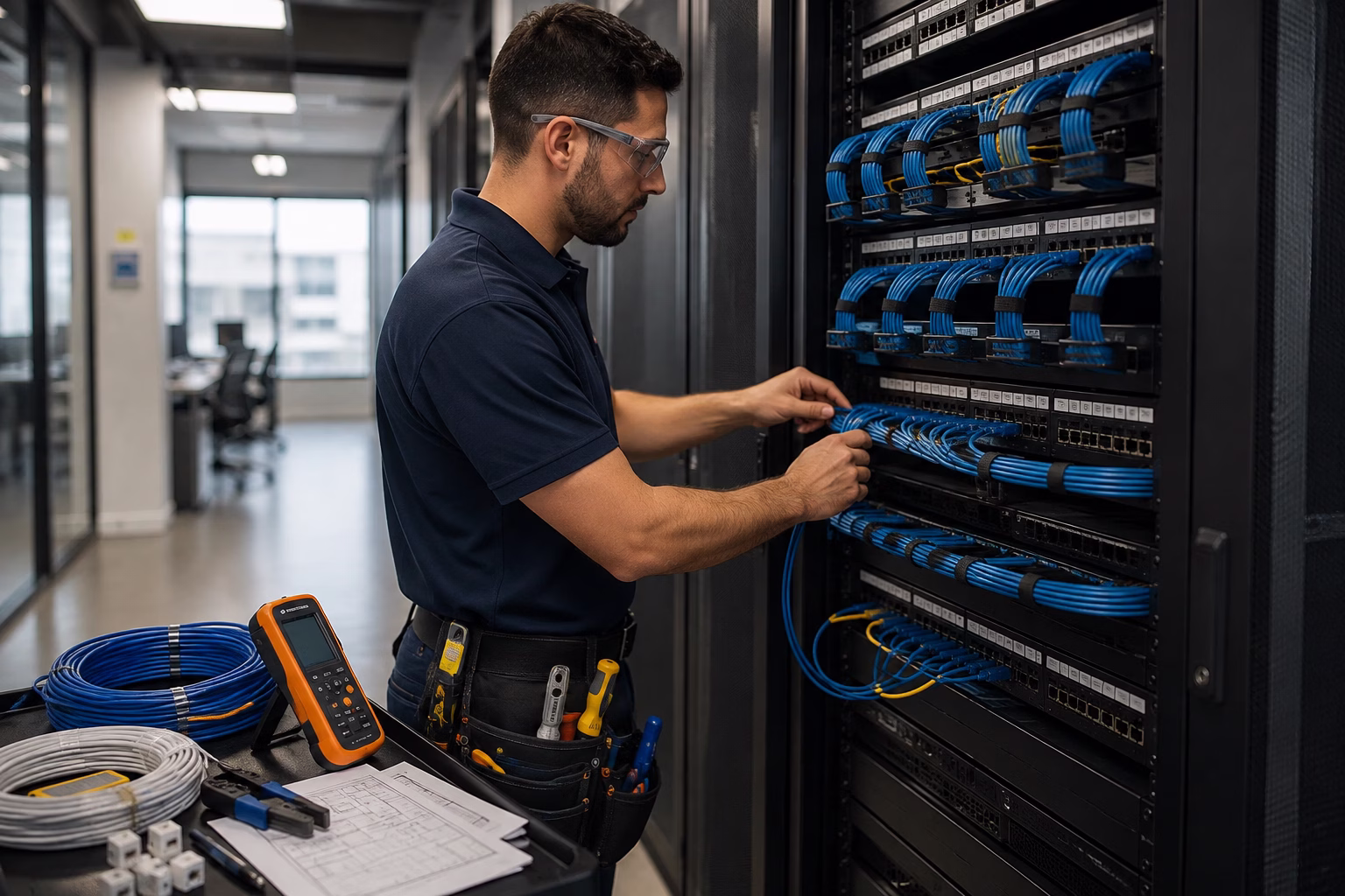 Cabeamento estruturado em Santos com rack de rede organizado