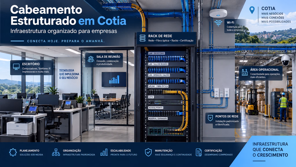 Imagem de cabeamento estruturado em Cotia mostrando rack de rede organizado, cabeamento de fibra óptica, pontos de rede, Wi-Fi e áreas corporativas e operacionais integradas.