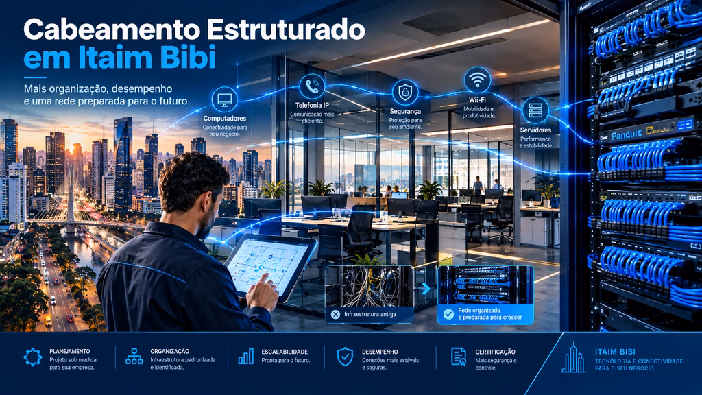 Cabeamento Estruturado em Itaim Bibi com técnico analisando projeto de rede, escritório moderno e rack com cabos organizados.
