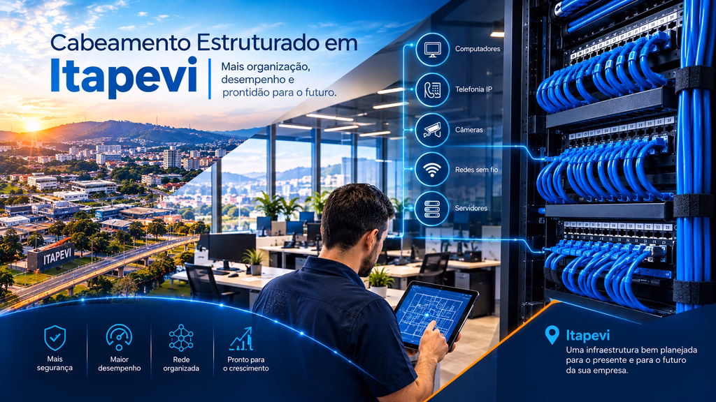 Cabeamento Estruturado em Itapevi com técnico, escritório corporativo e rack de rede organizado.