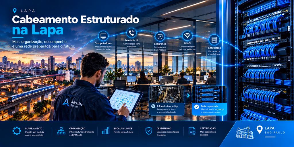 Cabeamento Estruturado na Lapa com técnico analisando projeto de rede, escritório moderno e rack profissional com cabeamento organizado.