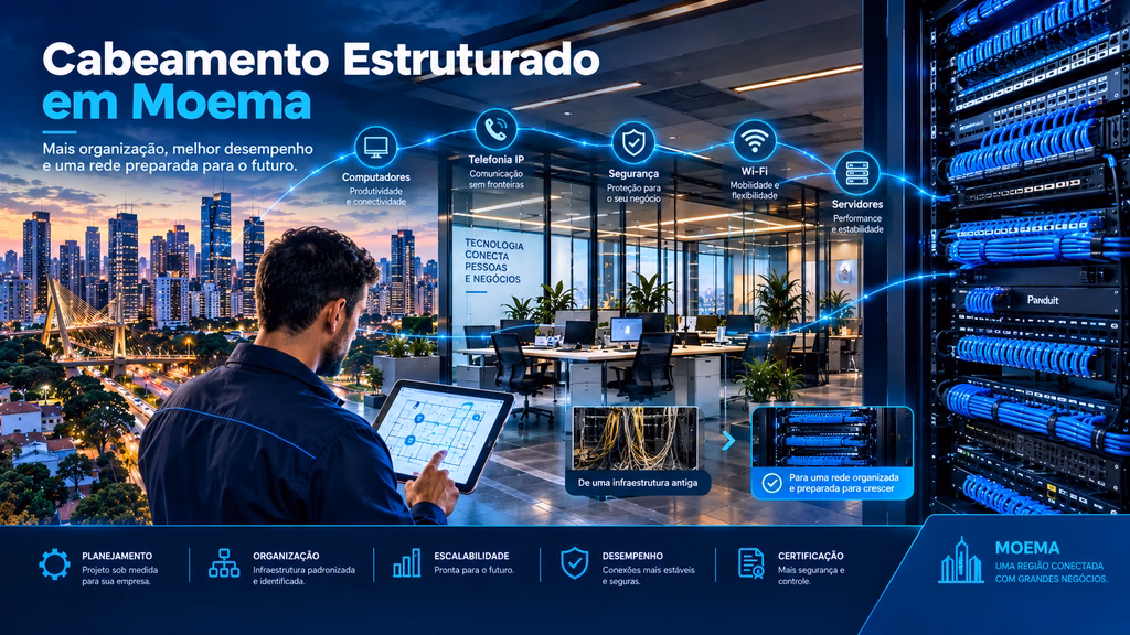Cabeamento Estruturado em Moema com técnico analisando projeto de rede, escritório corporativo e rack com cabos azuis organizados.