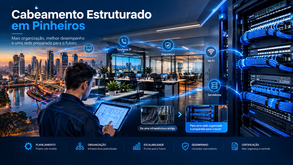 Cabeamento Estruturado em Pinheiros com escritório corporativo, técnico analisando planta de rede e rack organizado com cabos azuis.
