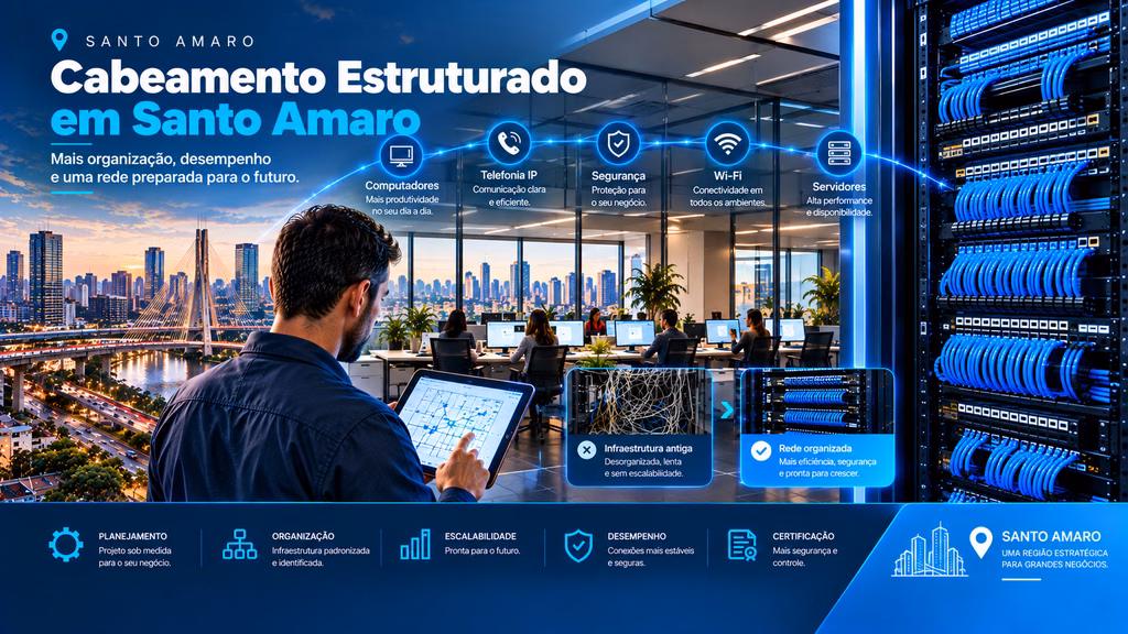 Cabeamento Estruturado em Santo Amaro com técnico analisando projeto de rede, escritório corporativo e rack profissional com cabos azuis organizados.