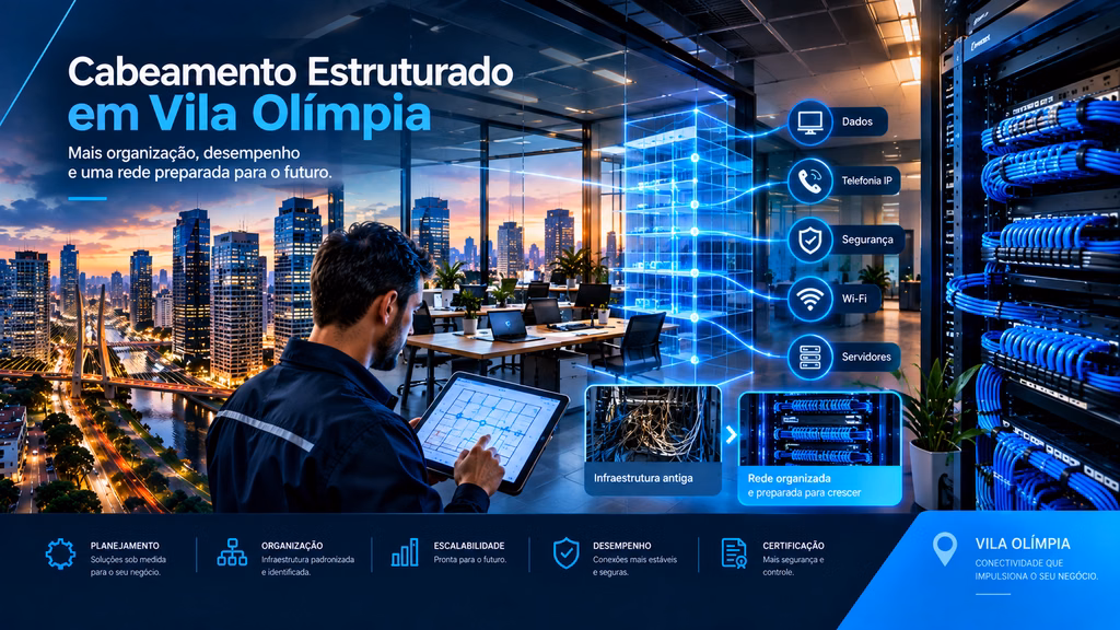 Cabeamento Estruturado em Vila Olímpia com escritório moderno, técnico analisando projeto de rede e rack com cabeamento organizado.