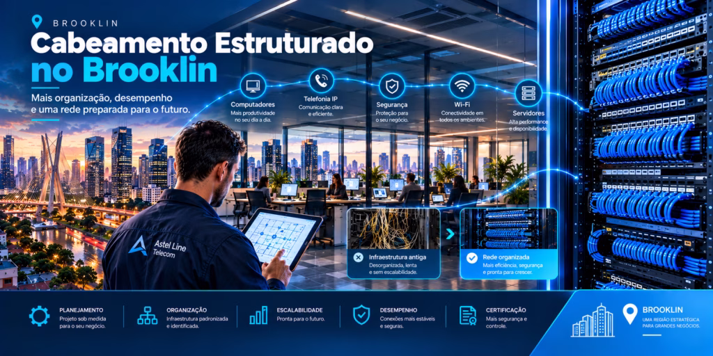 Cabeamento Estruturado no Brooklin com técnico analisando projeto de rede, escritório moderno e rack profissional com cabos organizados.