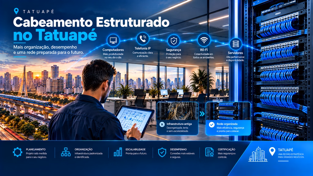 Cabeamento Estruturado no Tatuapé com técnico analisando projeto de rede, escritório moderno e rack profissional com cabos organizados.