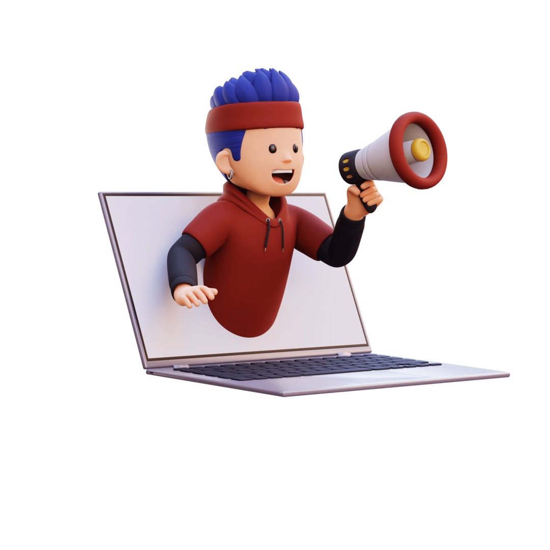 Ilustração 3D de um jovem com megafone saindo de um notebook, convidando visitantes a conhecer conteúdos sobre cabeamento estruturado no blog.